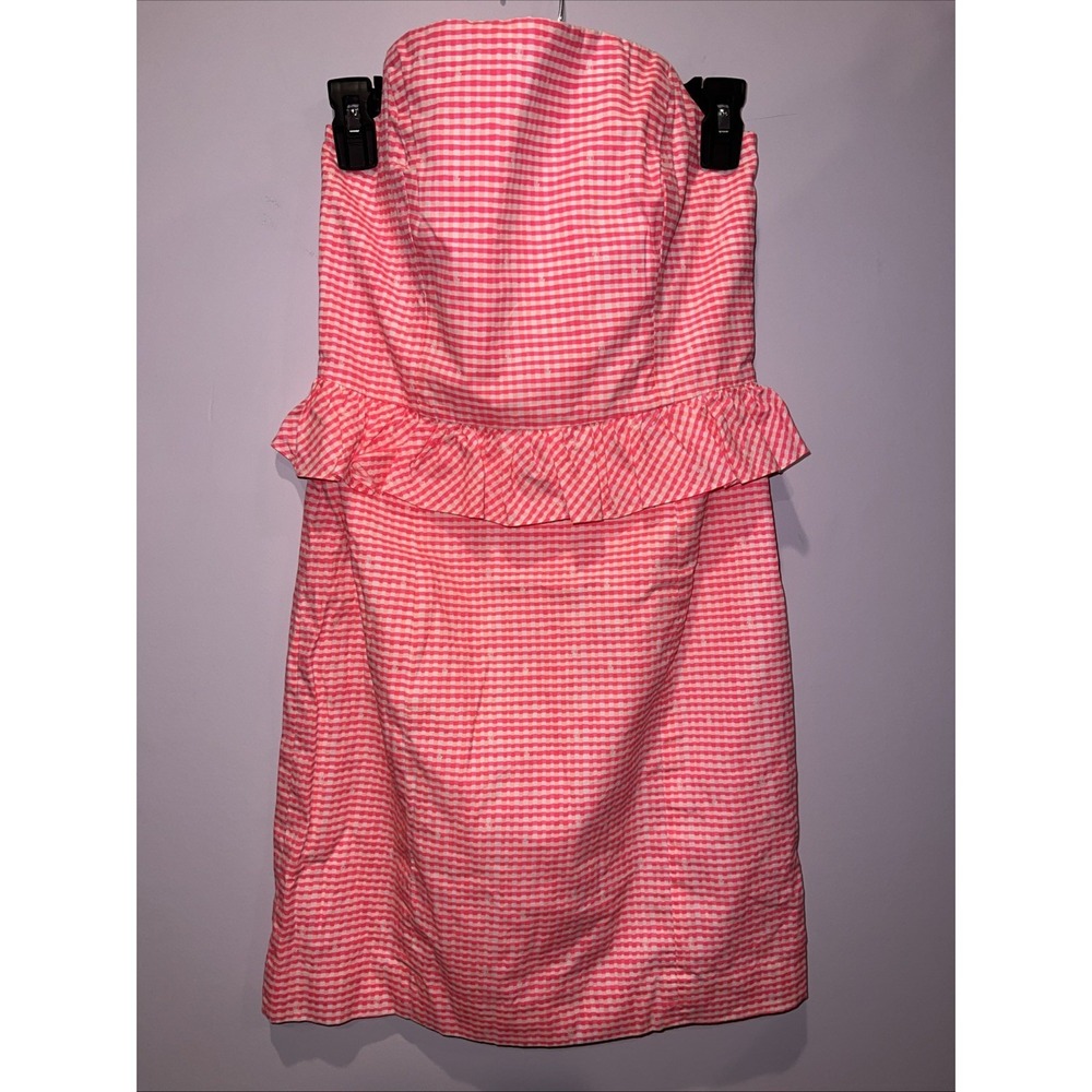 Lilly Pulitzer Pink Gingham Peplum Strapless Dress Green Zipper‎ Size 4
